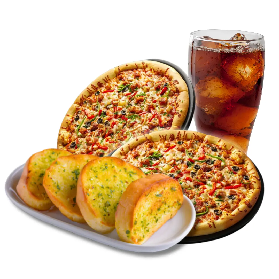 2 Veg Giant Hawaiian Cheese Pizza + Cheesy Garlic Bread (2Pcs.) + 500ml Coke (Free)